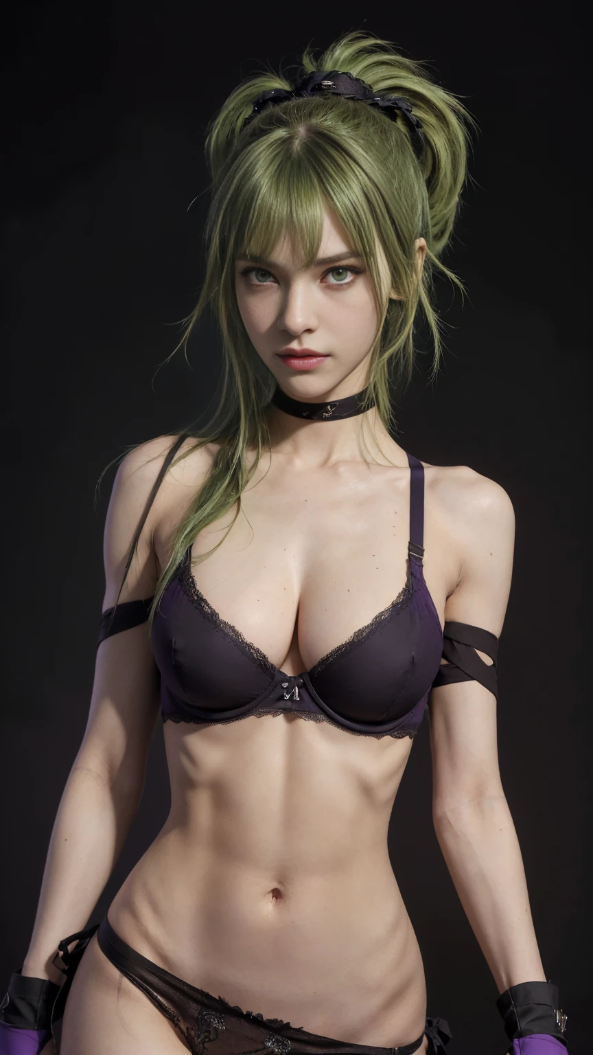 8K, Top Quality, Intricate Details, Ultra Detail, Ultra High Resolution, Masterpiece, close up shot, (full body: 1.1), (()), Slender, Smile, (Makeup: 0.4), ), (Fluffy Eyes: 1.21), (((( )))), 1girl, solo, 1 girl, (((green hair, bangs, long hair, high ponytail, messy hair, purple eyes)), close up shot, , ((tall)), (((fit body))), (((slim face))), sharp face, ((,torn bra, , torn shoulder armor, torn glove, ),(torn thong ), (( ripped bra, , ripped shoulder armor, ripped glove, ripped thong ,)), (detailed face), sharp face, small lips, (( walking pose, walk pose)), ,
((,)), , ((,)), detailed face, detailed breast, detailed breast, detailed nipple , ((large breast, huge breast)), detail ass, Narrow Waist, Skinny, slim tall , 195 cm tall, Muscular, Navel, Exposed Abdomen, Pointed Chest,, Beautiful girl with accentuated slender abs: 1.4, Six Pack Abs: 1.4, Bust Botox, Big, Perfect Body, detail leg, (( dark background)), black background,