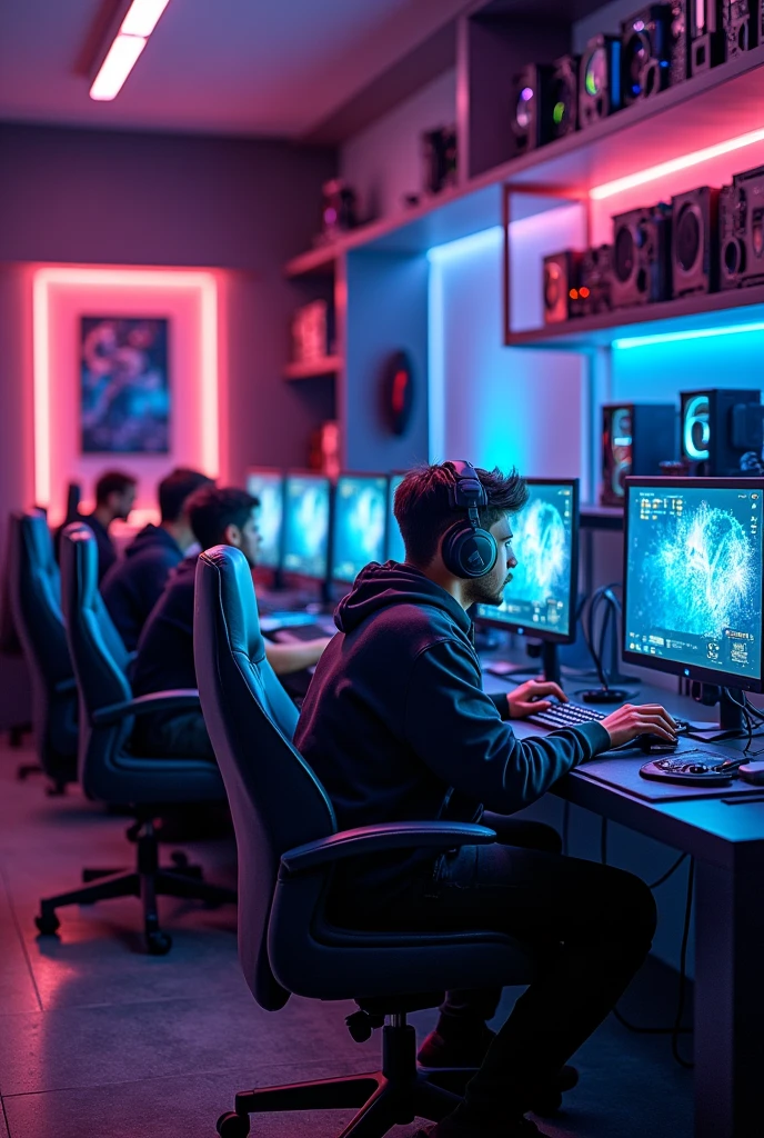 Give me a high Quality image of a gaming room with 6 gaming PC’s
