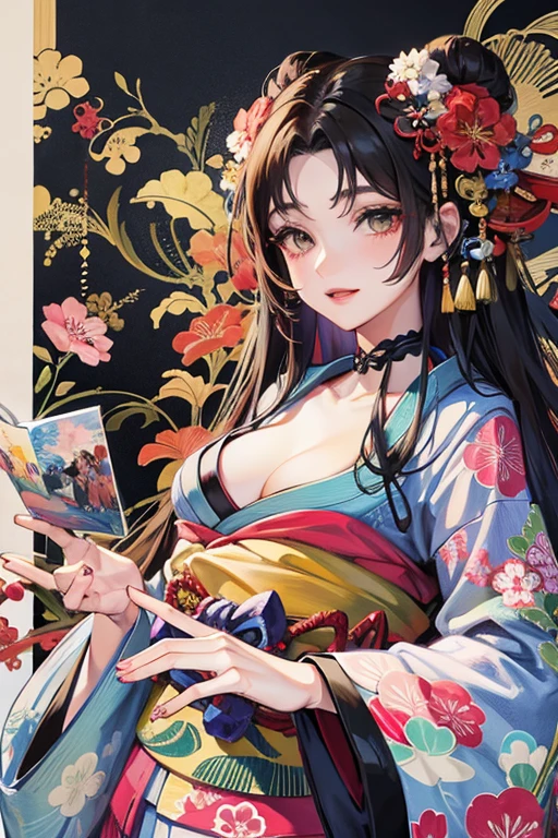 A beautiful woman in a kimono shows her white teeth、Vividly colored Japanese Ukiyo-e style illustrations、SeaArt creates stunning illustrations of beautiful women in kimono、Brown-black long hair、Full Body Style、Beautiful digital illustrations,、Beautiful digital painting, Anime CG art, Detailed digital anime art, Beautiful anime portraits
