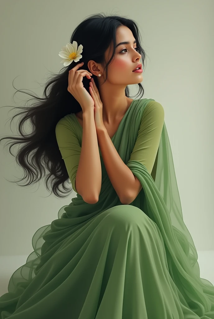 A women,white flower in ear,open hair, with mehendi green colour sharee,sitting & the hand is in the ear,blouse should be three quatar handed & colour is also mehendi green
