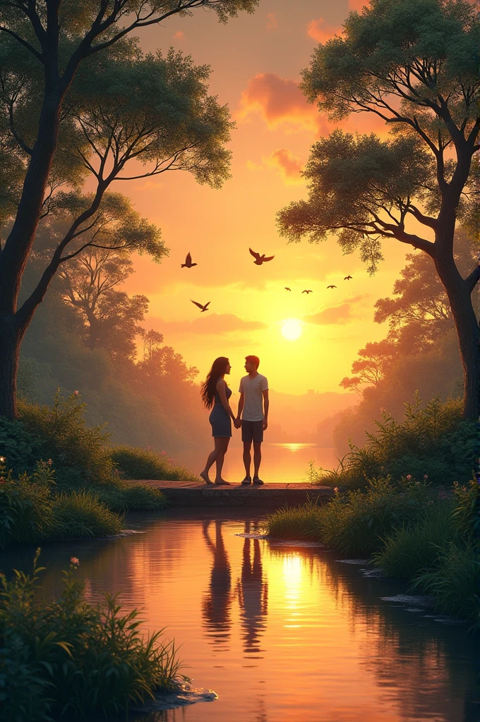 At a sunset point we have a river and lots of tree and birds and two couples see each other 