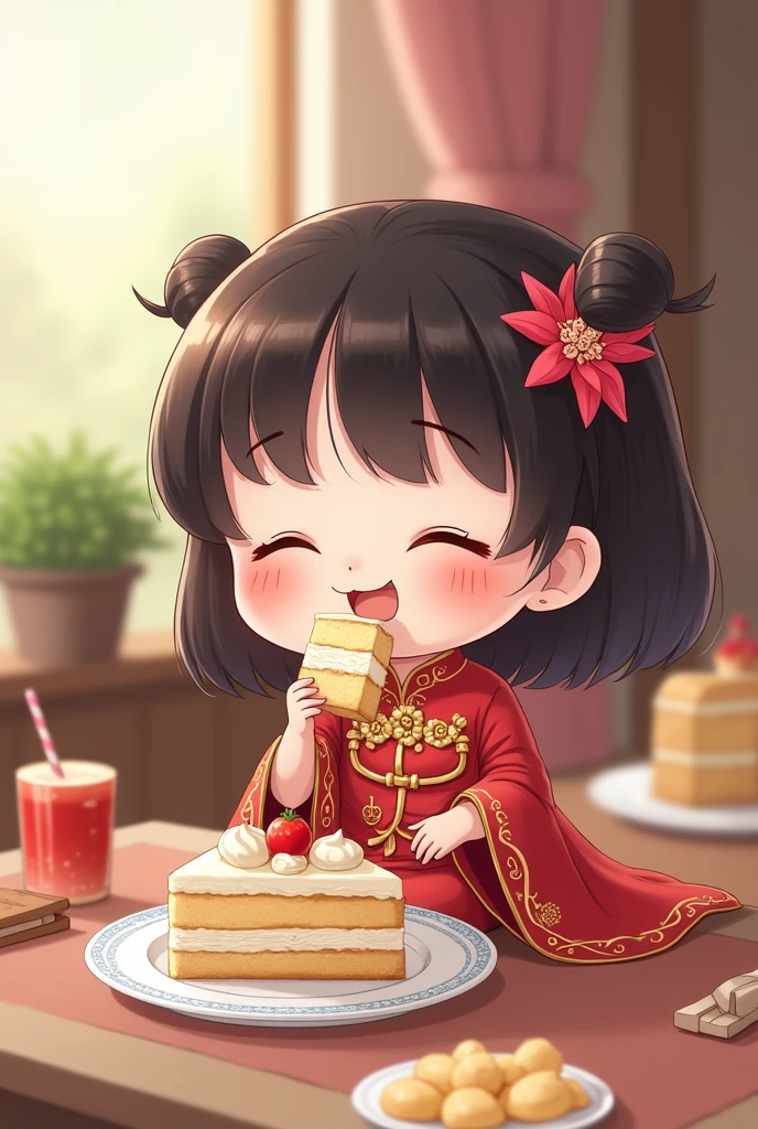 chibi ao dai eat cake