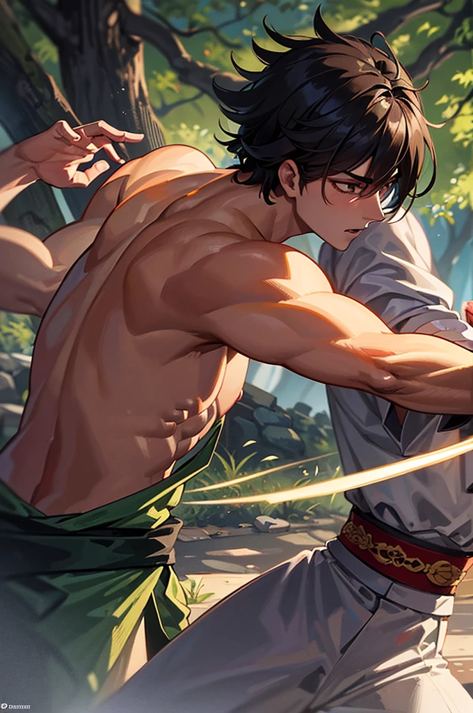 A highly detailed and dynamic scene set in an ancient Chinese wuxia (martial arts) world. In a dense forest, two young men are engaged in an intense battle. One is using powerful hand strikes, demonstrating his mastery of martial arts with fierce energy blasts. The other is skillfully wielding small throwing knives, launching them with precision and speed. The scene captures the tension and action of their fight, with the surrounding forest adding a dramatic and atmospheric backdrop. The overall style should evoke the essence of classic Chinese martial arts duels.