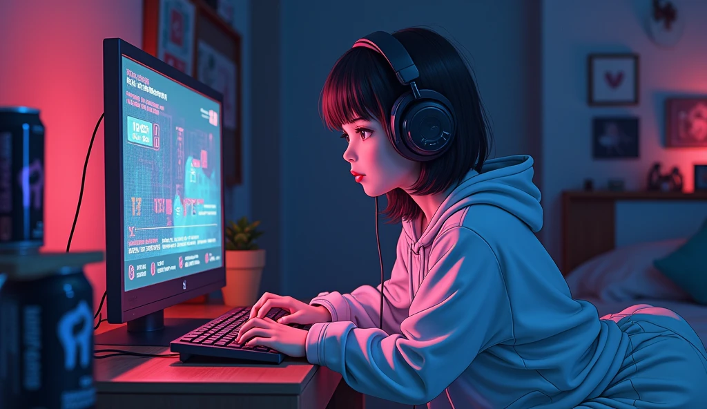 Perfect image, 8k, A high school girl playing a rhythm game in a dimly lit room、 Using headphones, 2D-style animation, Lo-Fi、night、Energy Drinks、Retro、Anime style illustrations、Loungewear、Big Breasts