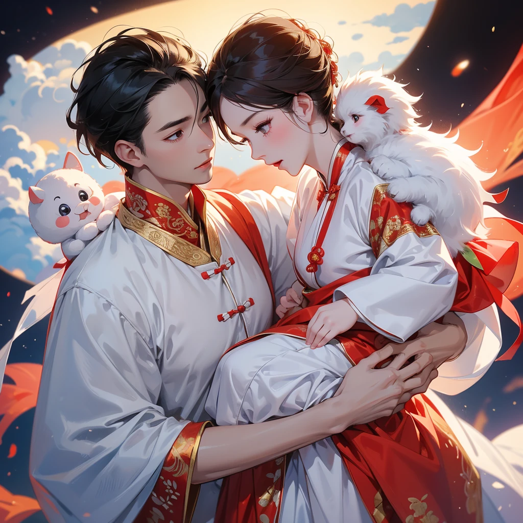 A one-year-old baby boy in an white ancient Chinese baby costume with his beautiful mother, dressed in an ancient Chinese costume, There are some floating clouds, playing with each other, with his handsome father standing next to his mother, close up.
Background is a volcano, lava erupting red