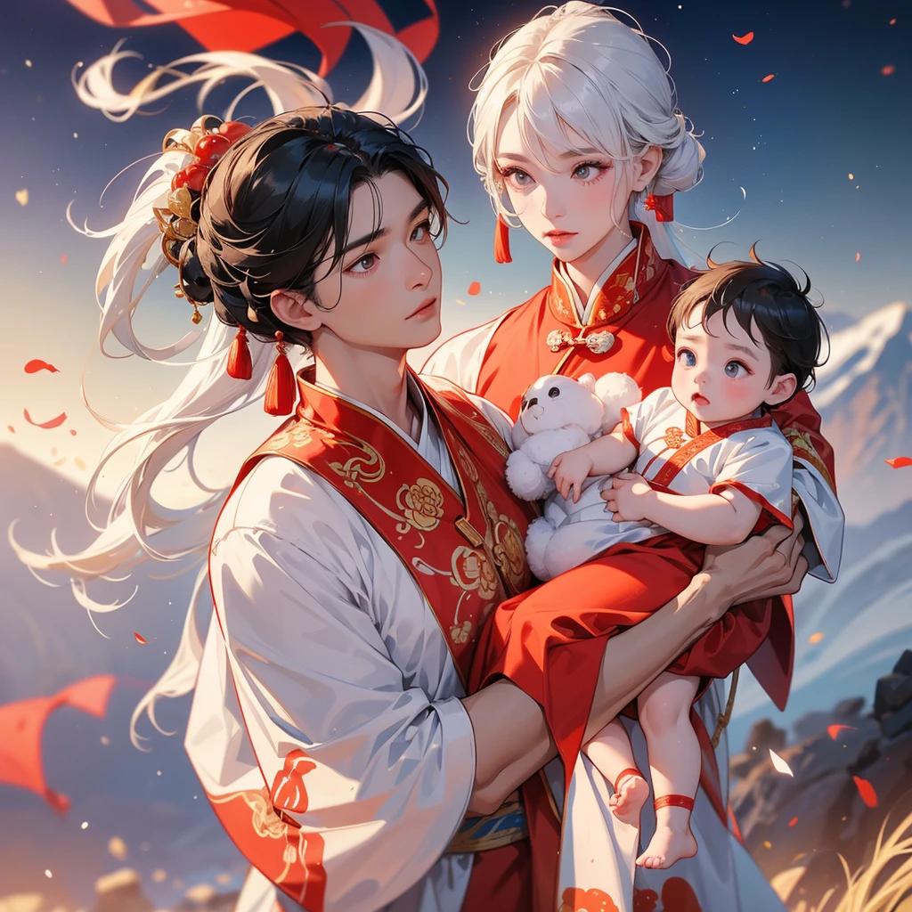A one-year-old baby boy in an white ancient Chinese baby costume with his beautiful mother, dressed in an ancient Chinese costume, There are some floating clouds, playing with each other, with his handsome father standing next to his mother, close up.
Background is a volcano, lava erupting red