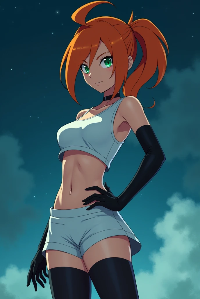 High resolution,8K
(Misty_Pokemon)(18-year-old girl)
(,Orange Hair,one side up hair,Big green eyes,Small breasts,Skinny)
(,Belly button exposed) team rocket uniform, red letter R, white skirt,white crop top,black thigh-highs,black elbow gloves, looking down on viewer, cowboy shot, posing, night sky background