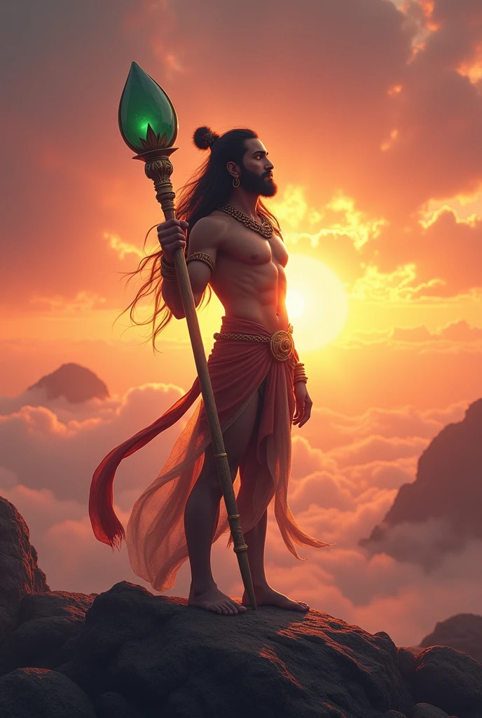 शांतिपूर्ण hanuman ji hath jade kade h के साथ सूर्यास्त का दृश्य]