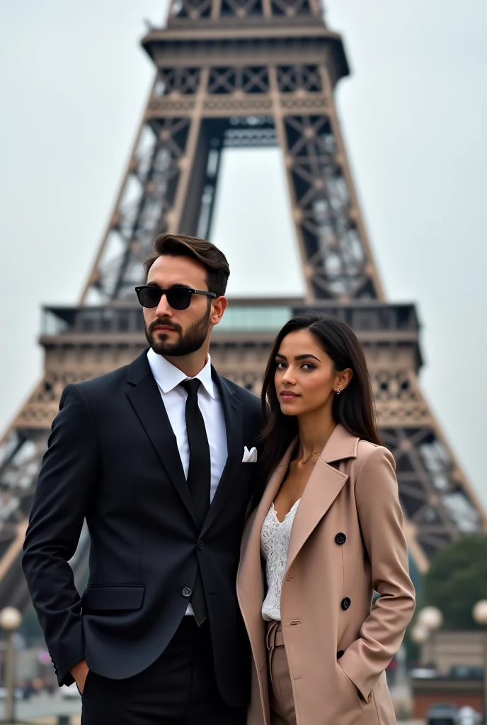 Handsome man with hight 6.1 beard standing on the right of the Eiffel tower with sunglasses and his girlfriend hight 5 feet