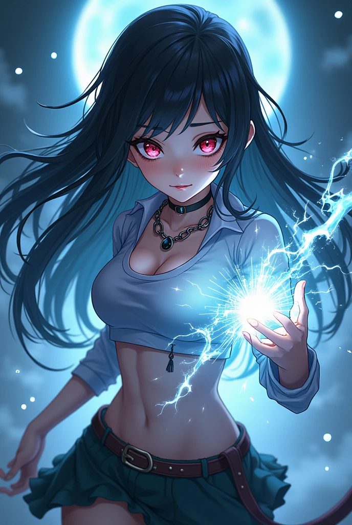 Fairy tail anime girl uses light magic cute clothes black hair savage looking girl withoit necklace cropped shirt