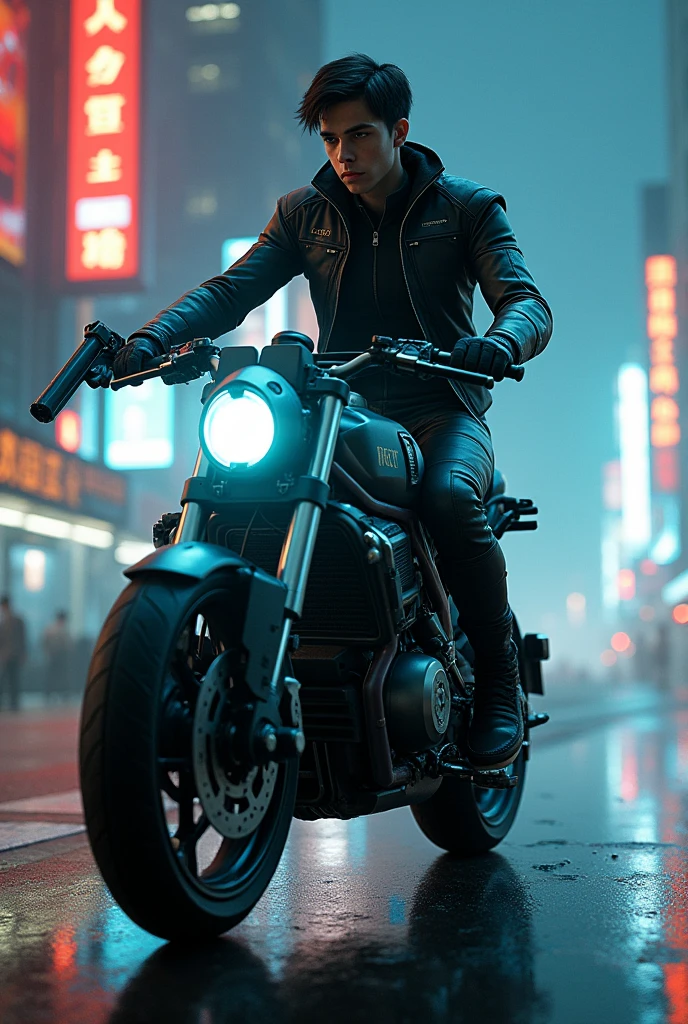 Bike rideer cyberpunk and neon lig boy ride on bike and shooting on pistol and back side girl for bikini  show girl back side

