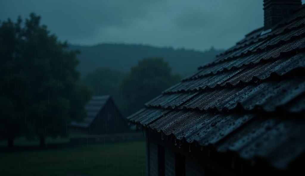 Rainy Day，Water droplets on the roof，Blurry country house roof tiles，Night view, forest background