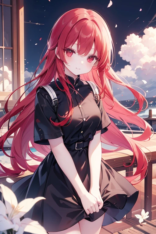(Pretty sister:1.3)、red hair , red eyes, long eyelashes、happy face,spring atmosphere、evening、aggressive、hot、((strong wind))、black skirt、shining eyes、Y-shirt、company、