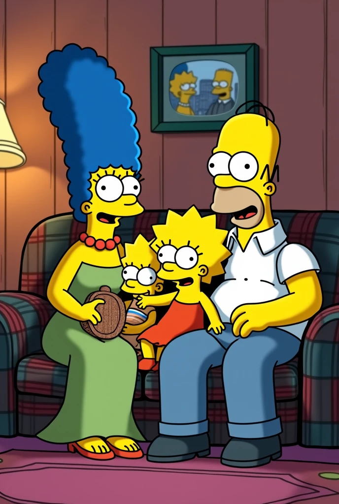 Bart, March,maguie,Lisa and Homer sitting on their couch watching TV