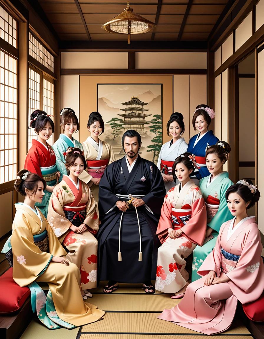 A Japanese samurai surrounded by several women in a traditional Japanese palace setting. The samurai is dressed in luxurious robes, while the women are in beautiful kimonos. The atmosphere is opulent and slightly scandalous, hinting at a luxurious lifestyle.

