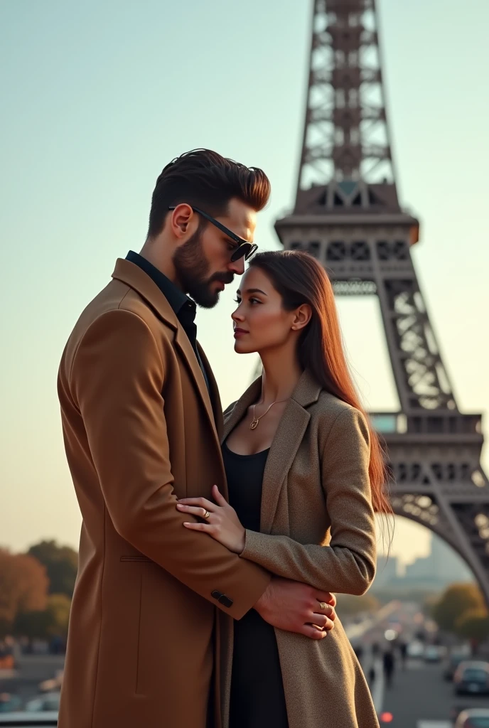 Handsome man with hight 6.1 beard standing on the right of the Eiffel tower with sunglasses and his girlfriend hight 4.11 