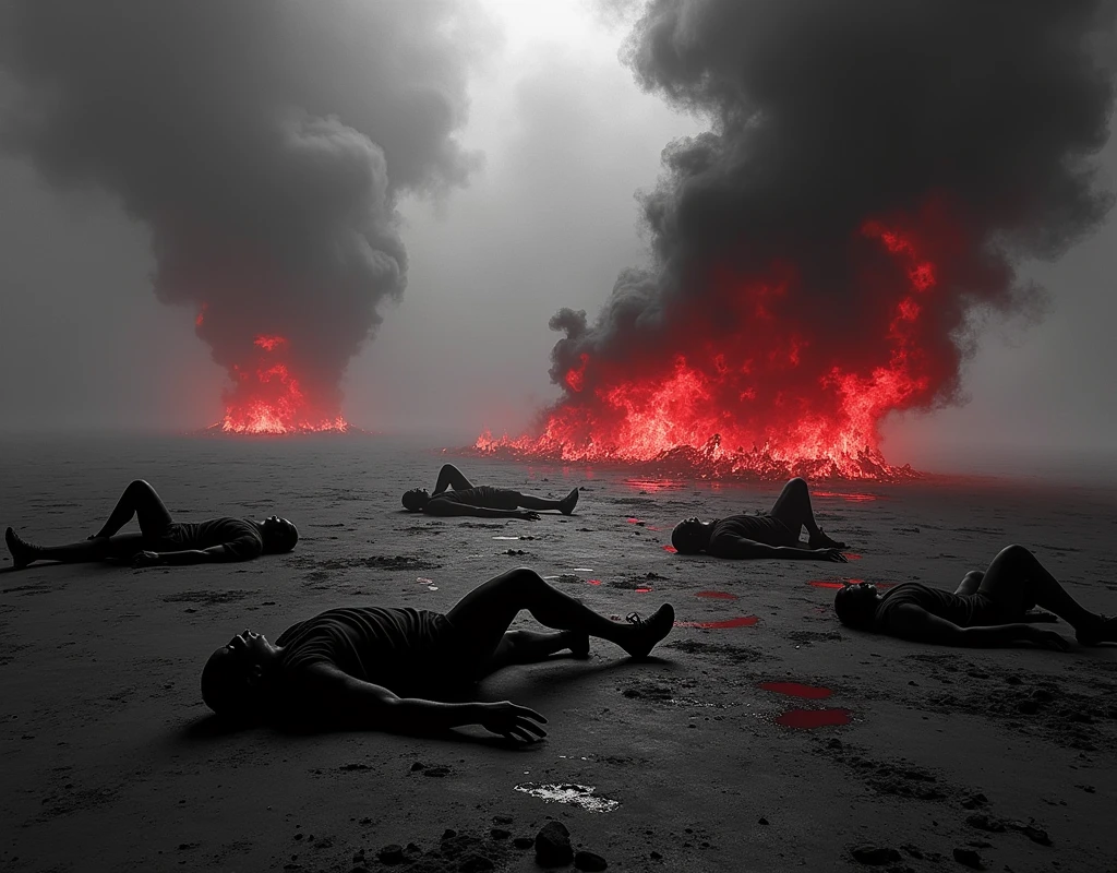 Bodies on the ground, with fire and smoke around, the image is in black and white, with red details, the type of image is comic ???? style
