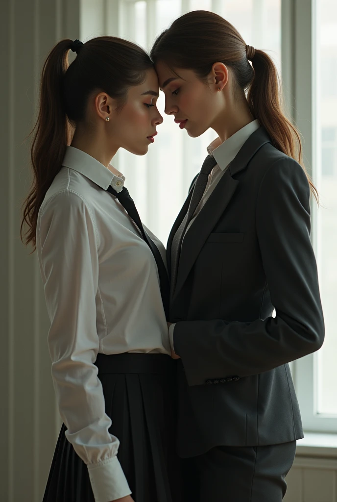 Realistic photo. A beautiful 21-year-old Caucasian woman wearing a business suit is tying up a pretty 18-year-old Caucasian woman wearing a white shirt and a dark-grey tie and a dark-grey pleated miniskirt. 