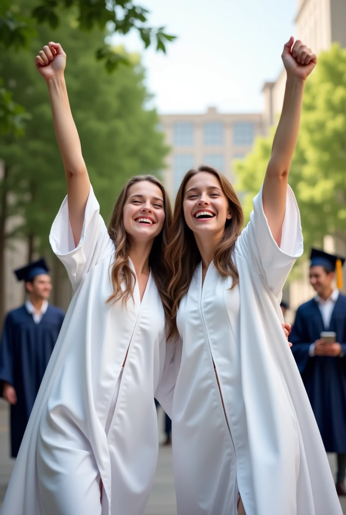 two girls graduate with toga hands in the air