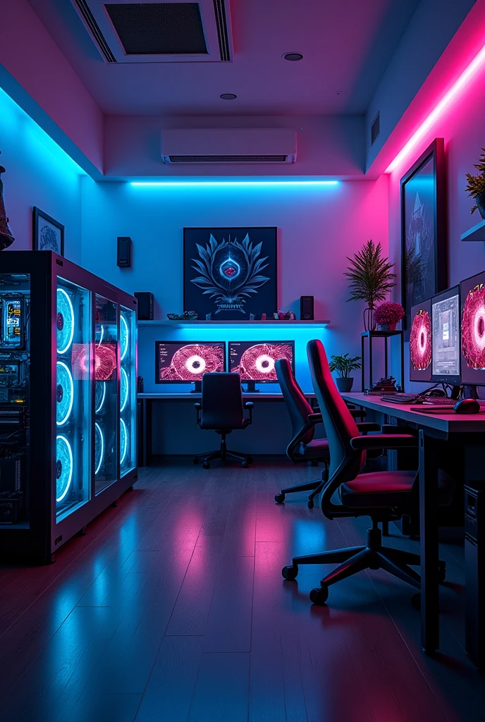 Give me a high Quality image of a gaming room with 6 gaming PC’s and some PC’s other side also