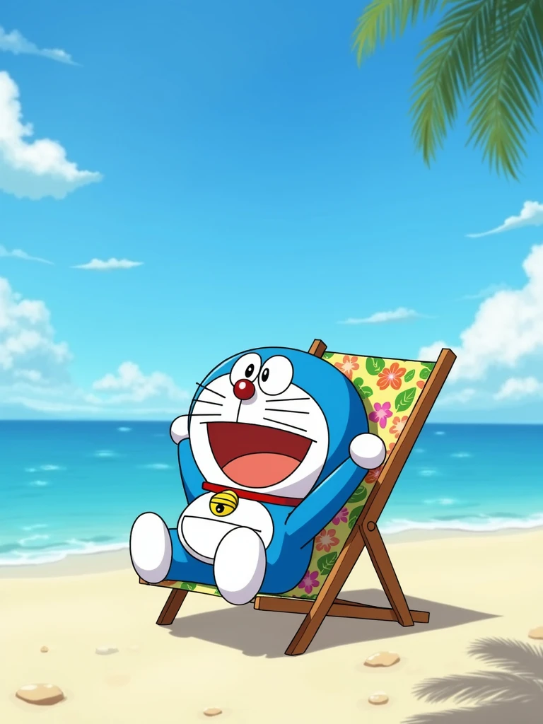 Doraemon is resting on a beach chair by the sea