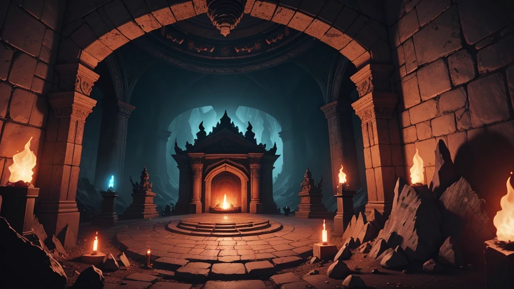 A sinister, subterranean lair carved into the heart of a volcanic mountain. The chamber is lit by fiery, molten lava that flows through channels in the ground. Massive, blackened stone pillars and twisted, infernal statues line the walls, and dark, malevolent runes glow ominously. In the center of the chamber, a grand, bloodstained altar stands beneath a dark, swirling portal that seems to lead to another realm.