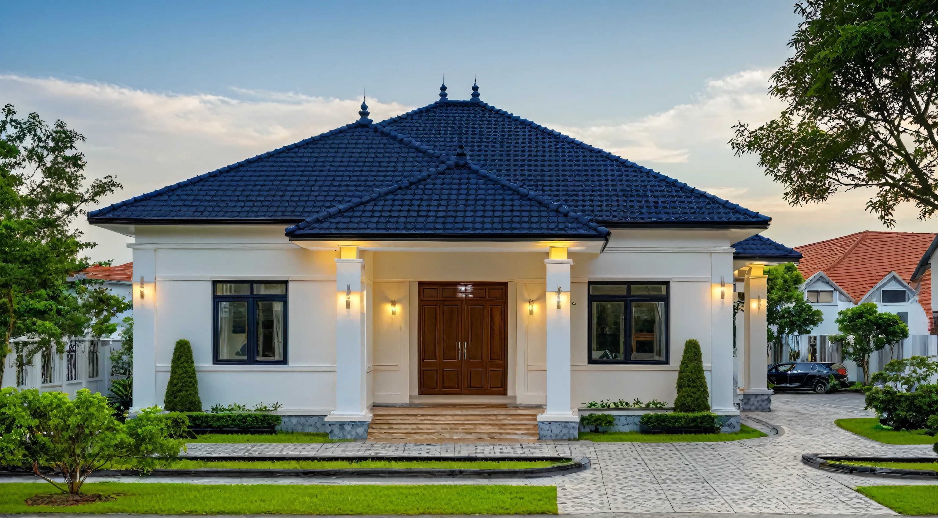 (masterpiece:1.2), best quality, photo of A two-story modern house in VietNam with white walls and dark tiles on the roof., tree and plant environment,daylight, streetcapes, natural light, vivid color, The exterior of an elegant single family home features large windows, a dark gray door frame.