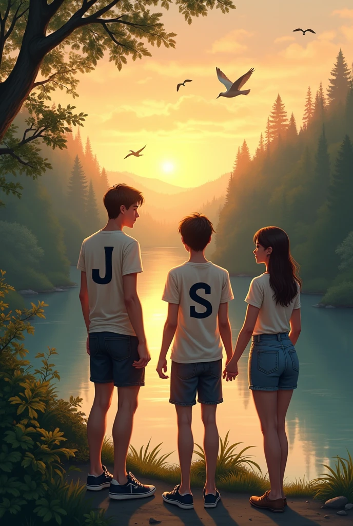 At a sunset point we have a river and lots of tree and birds and two couples see each other . On boths tshirt have a print of letter boy have J and girl have S