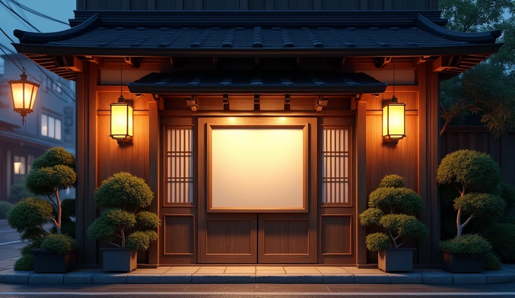 japan, japanese tradicional restaurant front view, night, blank board on doors