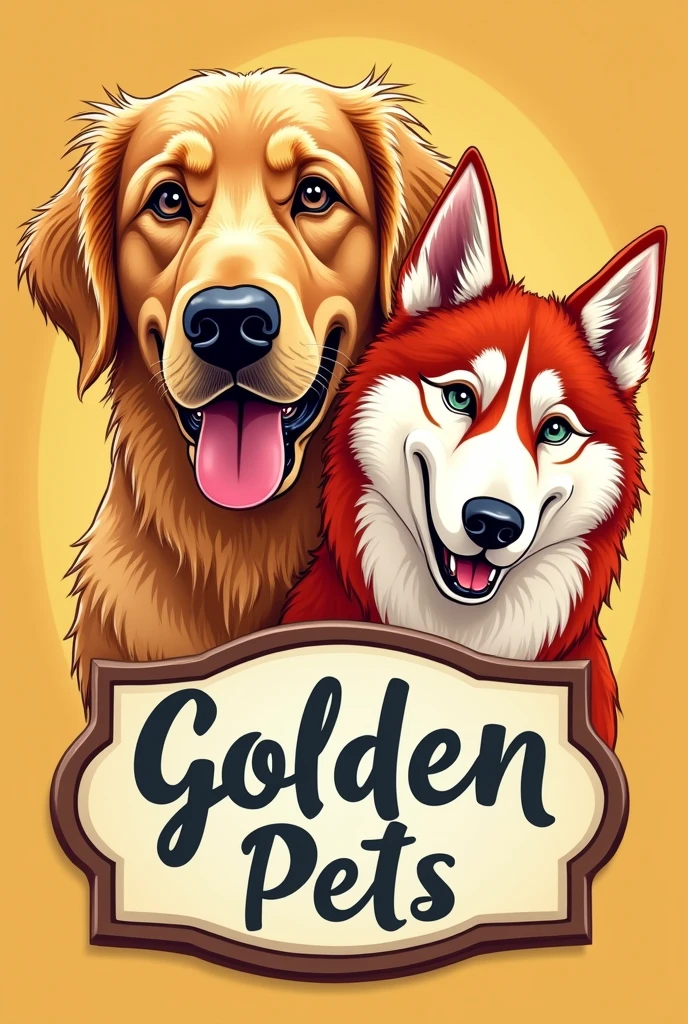 A sign that says Golden Pets Vet with the faces of a golden retriever with its tongue out and a red husky