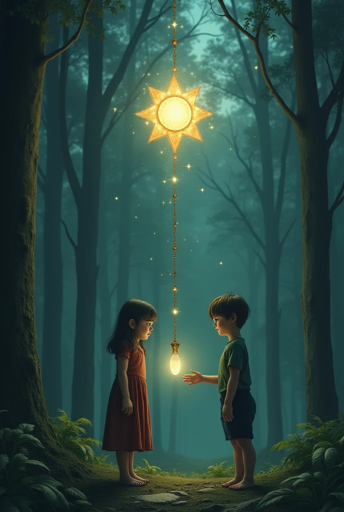 A sad child and a star that is in front of the child and gives him a pendant in the background.forest 