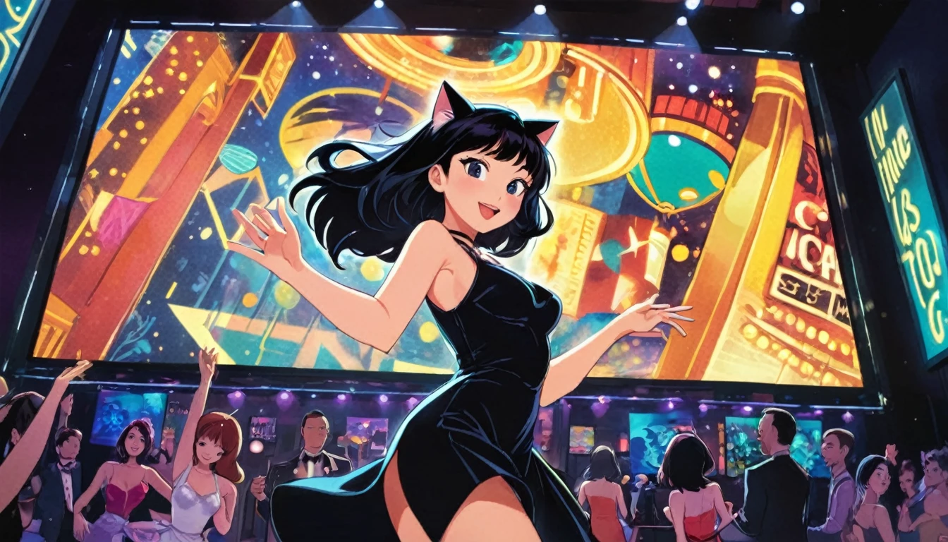 (((wide angle shot, mid body))), A girl in a cool black dress dancing at night club, jazz music, she funny mood, close eyes, Art, Retro, Cartoon Collage, little black cat on sholder, insid night club and have big screen background, detailed background, Anime Style