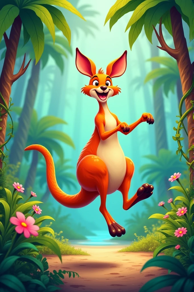 Cartoonic kangaroo in jungle is dancing