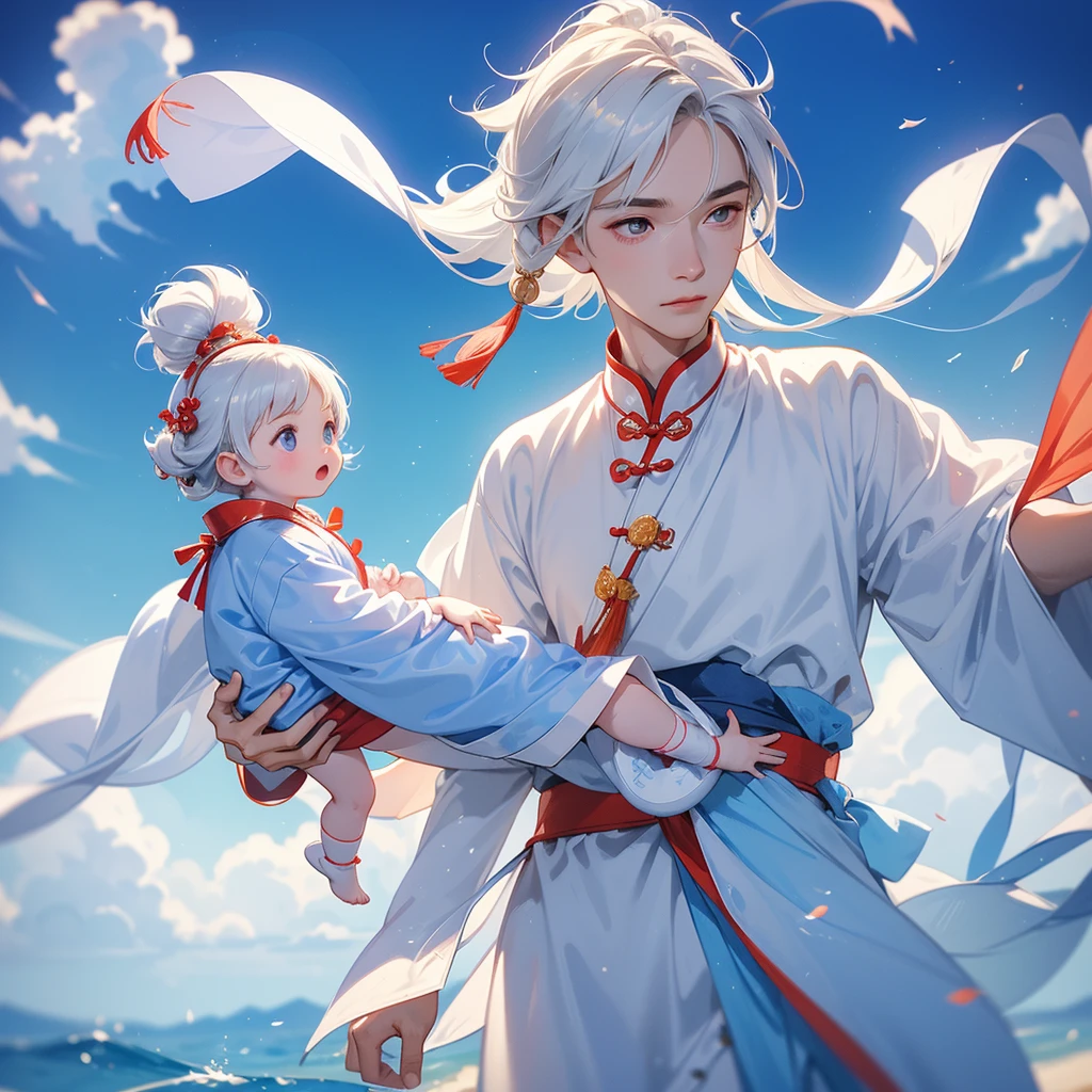 A one-year-old baby boy in an white ancient Chinese baby costume with his beautiful mother, dressed in an ancient Chinese costume, There are some floating clouds, playing with each other, with his handsome father standing next to his mother, close up.
Background is a blue sky, with low floating blue clouds all over the area