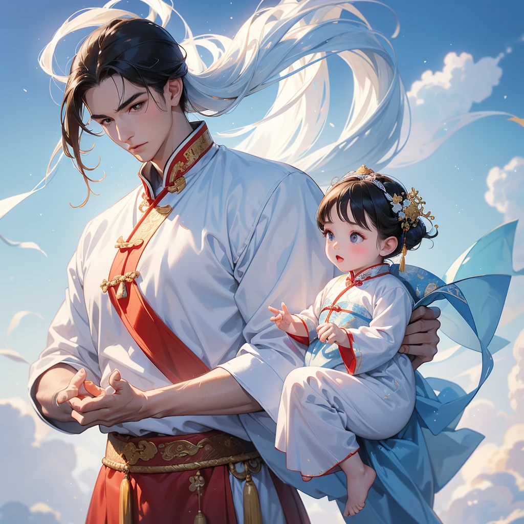 A one-year-old baby boy in an white ancient Chinese baby costume with his beautiful mother, dressed in an ancient Chinese costume, There are some floating clouds, playing with each other, with his handsome father standing next to his mother, close up.
Background is a blue sky, with low floating blue clouds all over the area