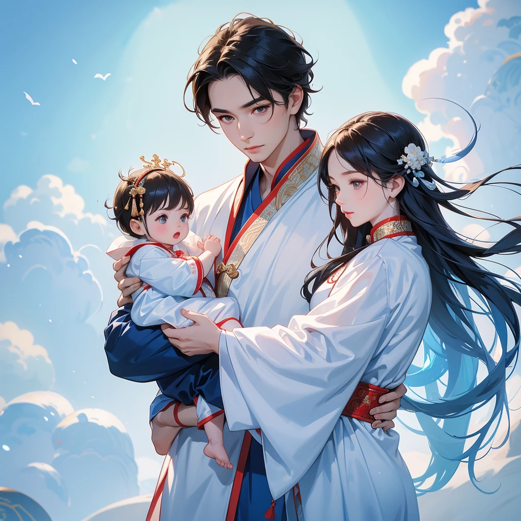 A one-year-old baby boy in an white ancient Chinese baby costume with his beautiful mother, dressed in an ancient Chinese costume, There are some floating clouds, playing with each other, with his handsome father standing next to his mother, close up.
Background is a blue sky, with low floating blue clouds all over the area