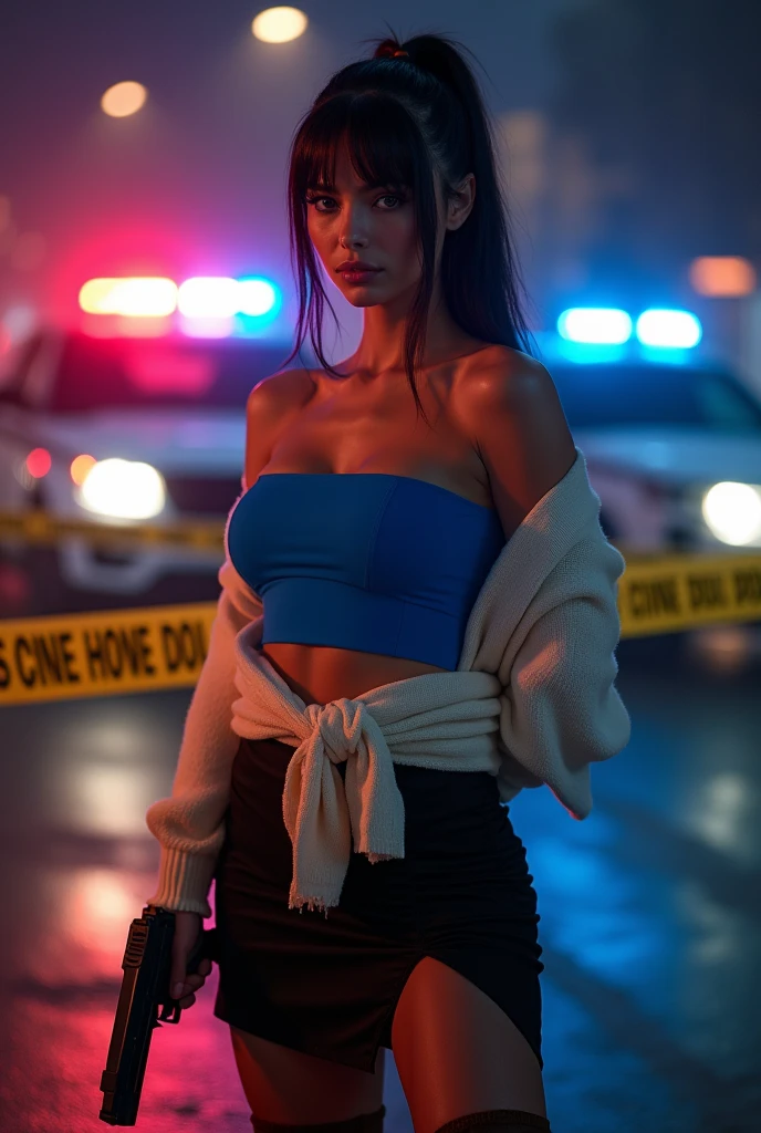 ultra realistic, photography, long black straight hair in a ponytail, (30 years old, hazel eyes, hourglass figure, perfect fit body, slightly tanned skin), Long eye lashes, seductive eyes, Award Winning Glamour Photograph extremely detailed award winning glamour photograph, front lit, HDR, wearing a bright blue strapless top, a black skirt, she has a white sweater tied around her skirt, brown knee-high boots, standing at the scene of a crime, holding a gun, Police car in the background, red and blue lights, yellow crimescene tape is around the area, she is standing guard, it is late at night