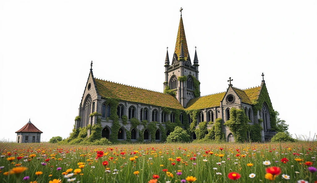 A photo of St. Mary's Cathedral, tipped over by the wind, with flowers and daisies covering its surface. The church is surrounded by colorful wildflowers under a blue sky, with a clear spring day background. In front of it stands an old Victorian-style building that has been abandoned for years. High-resolution photography, insanely detailed, fine details, stock photo, professional color grading, isolated on a white background.