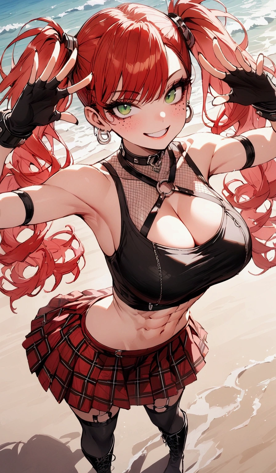 woman, grin, curly red hair in pig tails, green eyes, black eyeshadow, wearing crop top black shirt, black jacket, red plaid skirt, black knee high boots, black fingerless gloves, exposed shoulders, large breasts, freckles, abs, cleavage, looking up at viewer, masterpiece, best quality, Holo-Punk Style, saluting, at the beach, make up, eyelashes, fish net undershirt, fish net stockings, (full body)