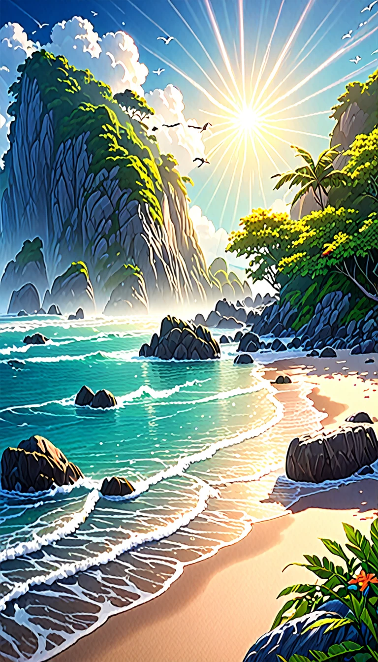 A beautiful countryside beach, serene ocean, lush greenery, detailed rocks, intricate flora, sun rays, wispy clouds, birds in flight, calm waves, reflective water, peaceful atmosphere, fantasy landscape, dreamlike scenery, 8K resolution, hyper-realistic, detailed textures, vivid colors, cinematic lighting, volumetric fog, photorealistic quality, professional photography, masterpiece, ultra-detailed, studio lighting, physically-based rendering, vibrant colors, sharp focus