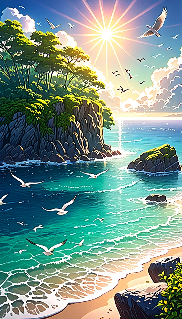 A beautiful countryside beach, serene ocean, lush greenery, detailed rocks, intricate flora, sun rays, wispy clouds, birds in flight, calm waves, reflective water, peaceful atmosphere, fantasy landscape, dreamlike scenery, 8K resolution, hyper-realistic, detailed textures, vivid colors, cinematic lighting, volumetric fog, photorealistic quality, professional photography, masterpiece, ultra-detailed, studio lighting, physically-based rendering, vibrant colors, sharp focus