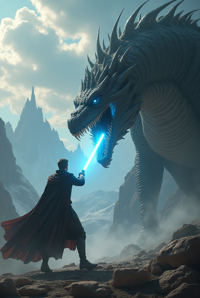 A guy is holding a lightsaber and stabbing a dragon in the head.