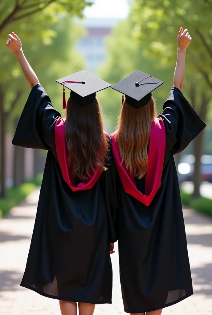 two girls graduate with black and maroon toga hands in the air. turned back. with toga cap and hood
