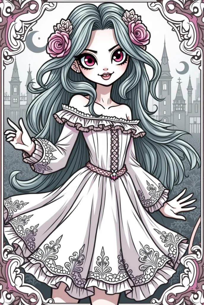 Horizontal coloring page, dracula's daughter, draculaura, Ever afther higth, cute and gothic style