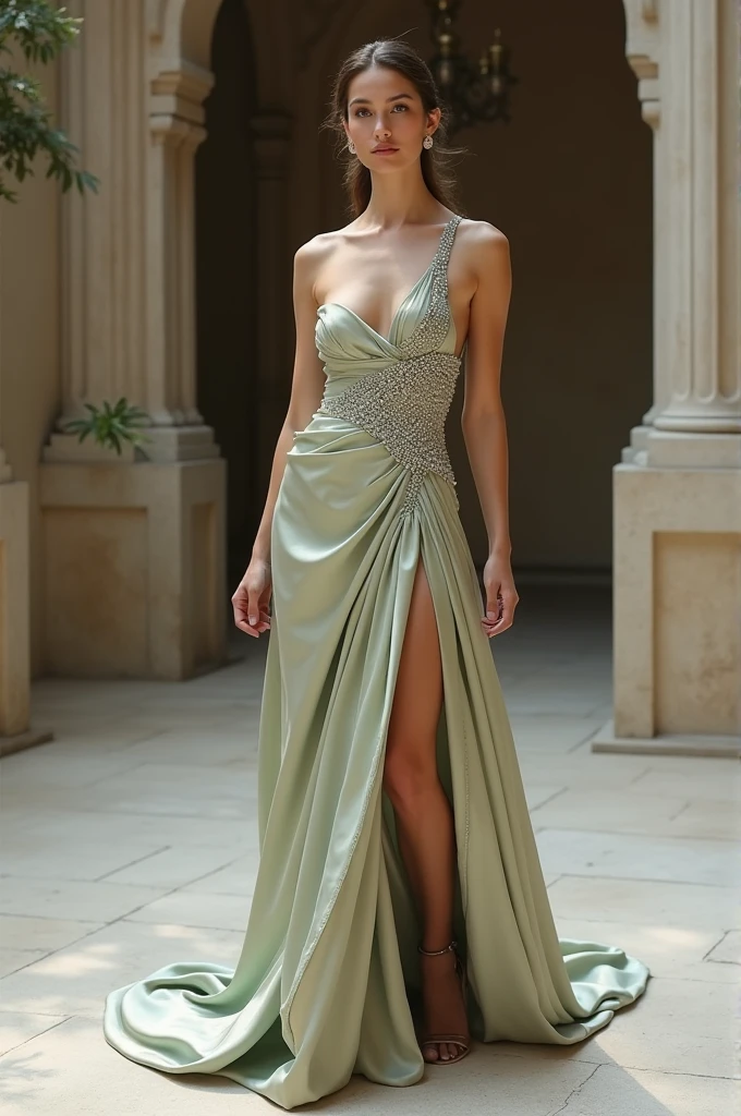 The Asymmetrical Gown: A floor-length gown made from recycled satin, featuring a dramatic asymmetrical neckline and a flowing skirt with a side slit. The gown is adorned with delicate beading made from recycled glass.