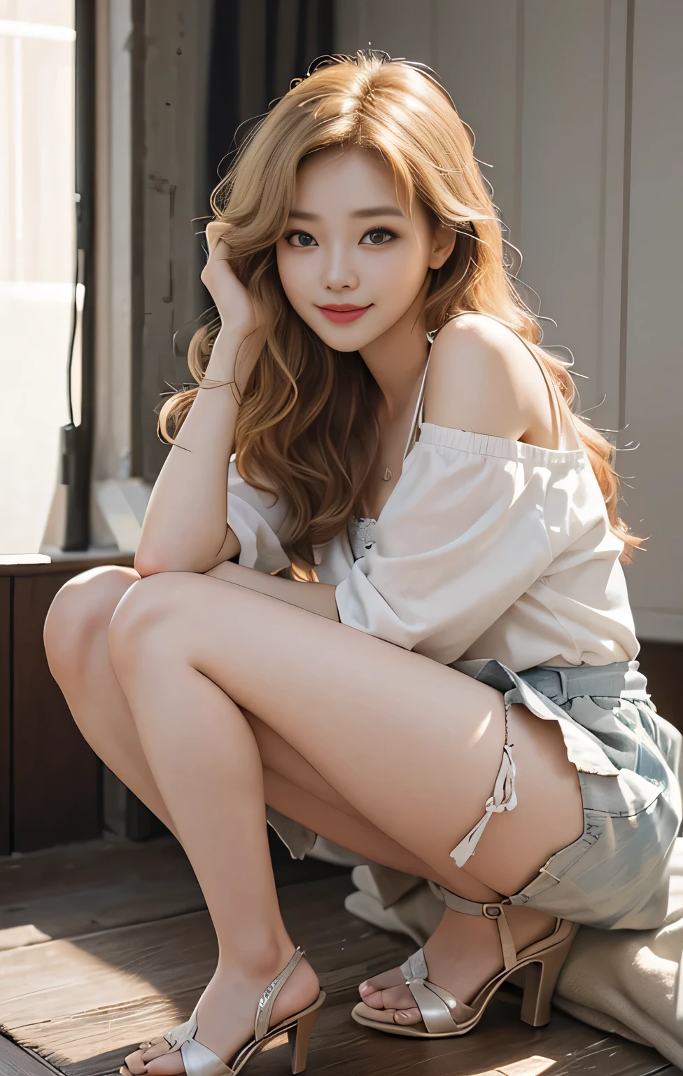 Highest quality、masterpiece、Ultra-high resolution、Realistic、RAW Photos、1 girl、Sexy Looks、Shoulder hair、The lower half of the body is curled up and wild....、Cute Smile like a model、frontage、Her hair color is blonde、Red tight mini skirt、Regular high heels、Double Eyes、Apply mascara、Cute pose like a model、Cute Face、Gorgeous as a model、Ultimate beauty、Cute Smile、Bright smile、Masseter region、Highest quality、very cute、Canal City Hakata、Gravure photoshoot、
