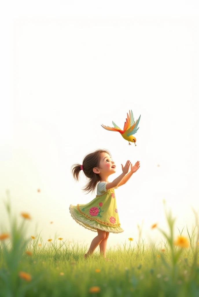 white background,best quality,cute liitle girl standing on grass,she look at the little bird,rais her hands to the little bird,cute little bird flying,cute colorful frock wearing the girl,smiling face
