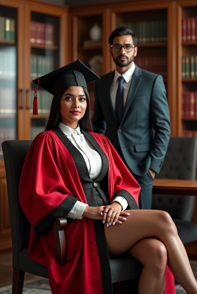  Wearing full body  Academic regalia  wealthy sri lankan average beautiful girl(big breasts and butt) sit in chair and sri lankan wealthy age 35 man with spec's (software,electrical,garments companies owner)