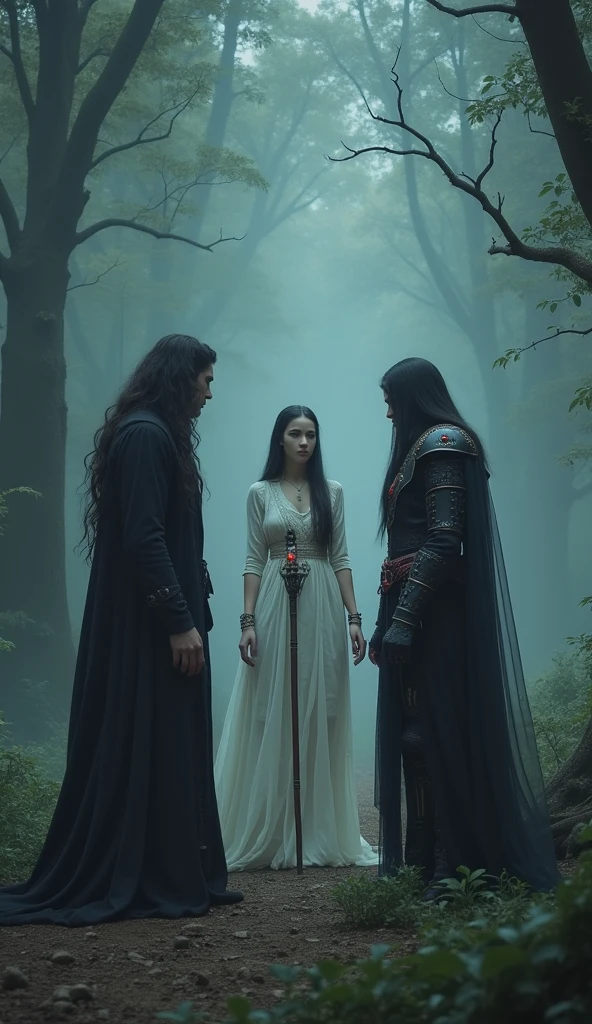 "In a misty, enchanted forest, Vortex and Varys encounter a young female shaman. Vortex, with long black hair and a black coat, and Varys, clad in gothic black armor adorned with blood-red gemstones, stand before her. The shaman is a mysterious, serene woman with long, flowing hair and a white dress adorned with ancient symbols. She holds a staff tipped with a glowing crystal, and her eyes shine with hidden power. The surrounding forest is heavily shadowed, with faint lights flickering between the trees, suggesting an otherworldly presence watching over this fateful encounter."