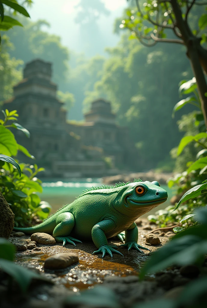 (photorealism:1.2), Mexican green axolotl in Cancun with pre-Hispanic ruins in the background and lots of vegetation